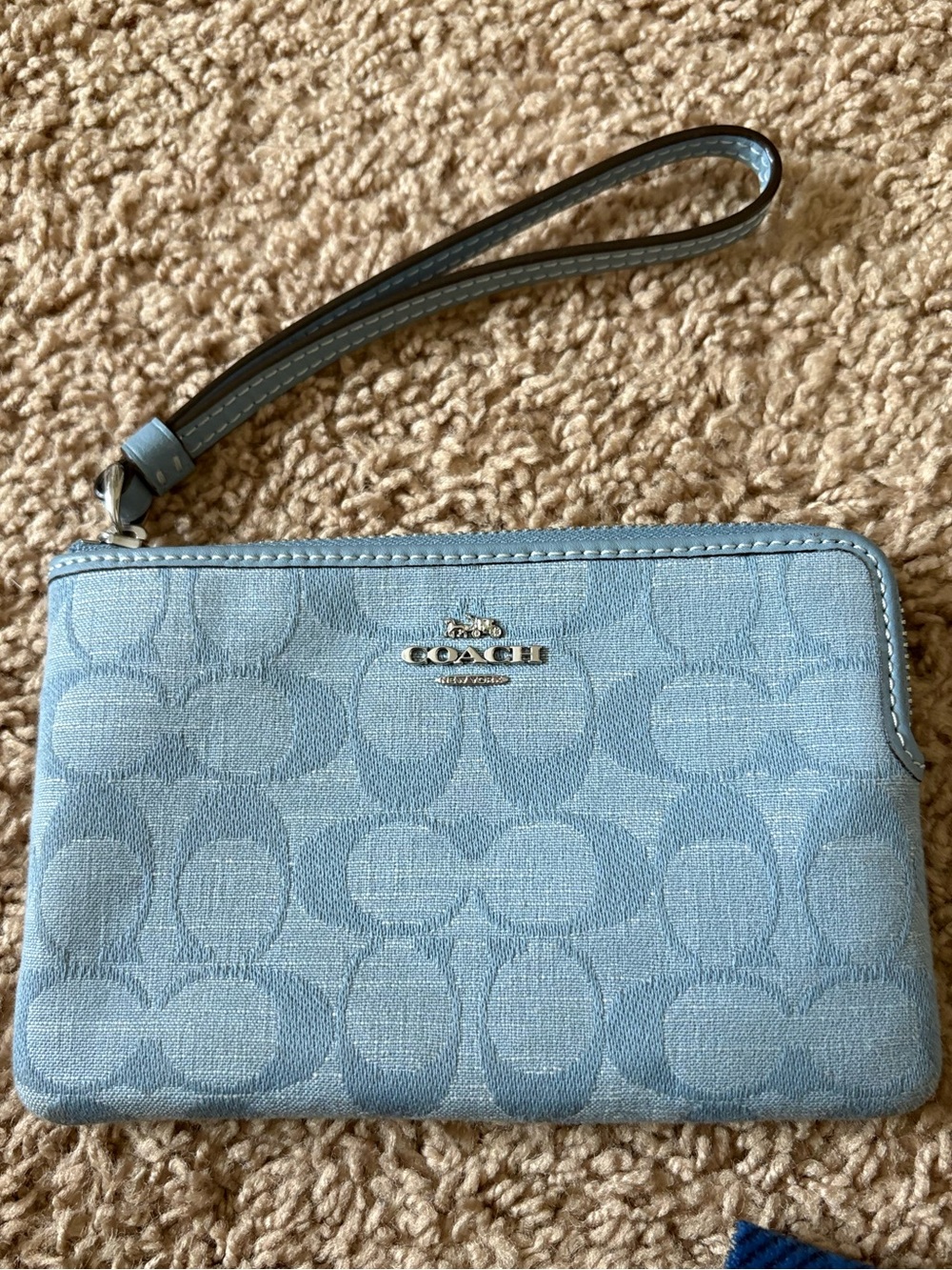 COACH Light Blue Signature Canvas Wristlet with Detachable Strap